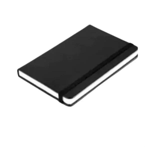 Black hardcover notebook with elastic band on white background, Bagvalleypk stationery