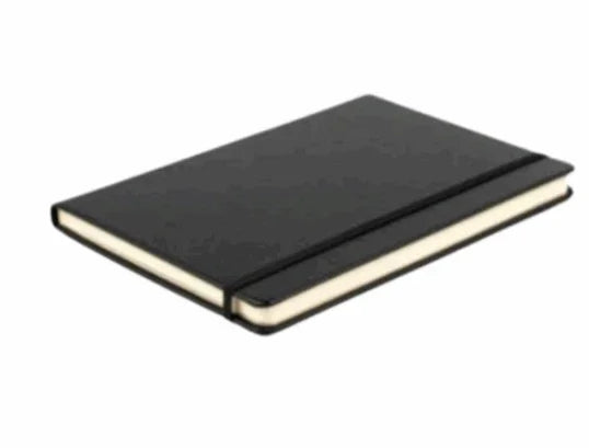 Black hardcover notebook with elastic band, displayed on white background at Bagvalleypk.