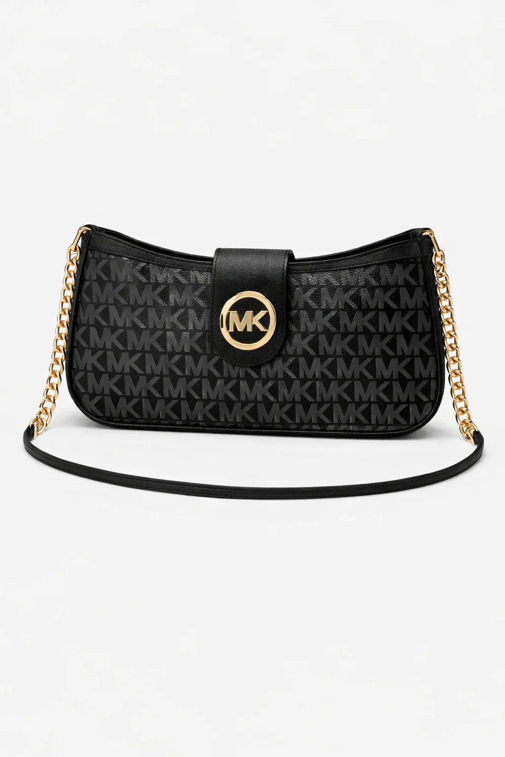 Black luxury handbag with gold chain strap and MK logo, premium fashion at Bagvalleypk