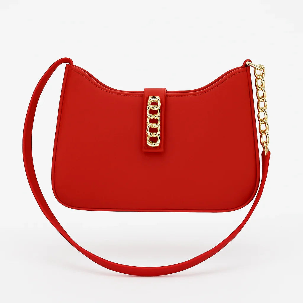 Red handbag with gold chain strap and clasp, premium accessory from Bagvalleypk