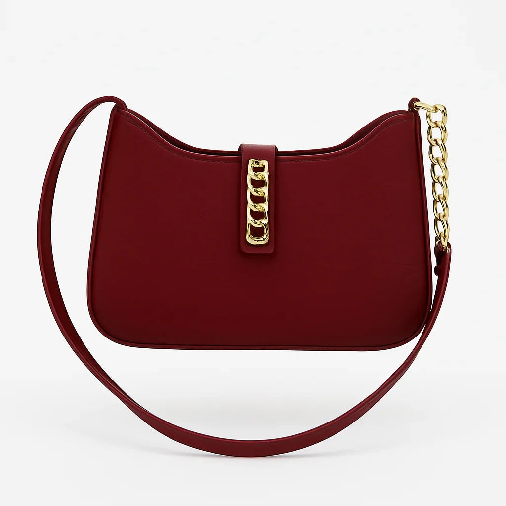 Elegant maroon handbag with gold chain detail, premium accessory from Bagvalleypk