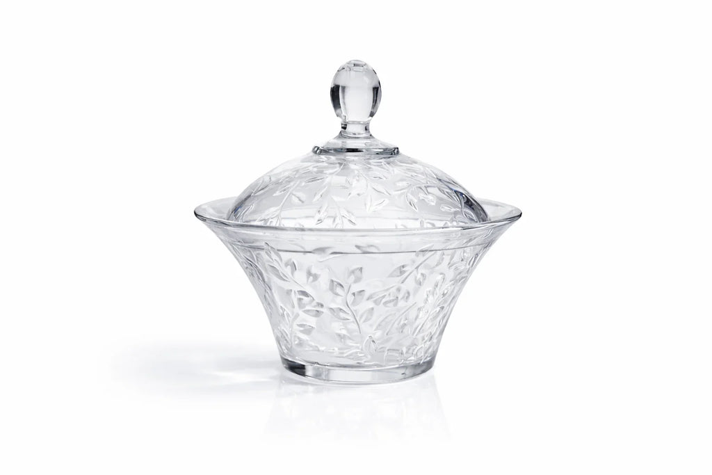 Clear glass decorative candy jar with floral leaf pattern and lid, Bagvalleypk home decor