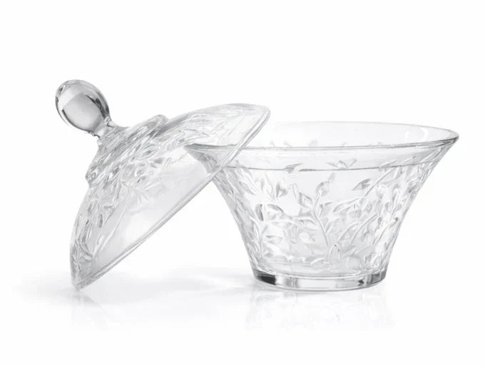 Clear glass bowl with floral embossed design and matching lid, Bagvalleypk luxury accessory