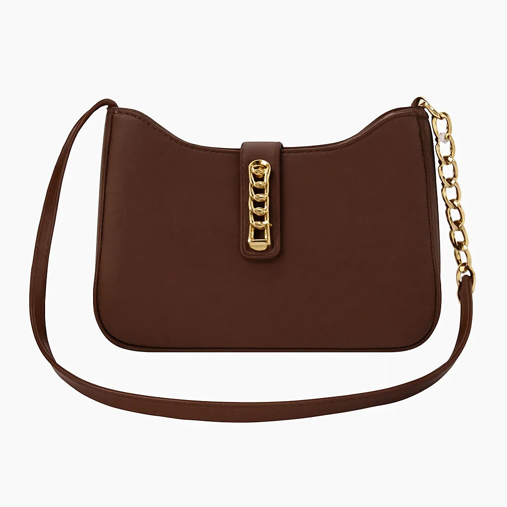 Brown leather handbag with gold chain strap and clasp, Bagvalleypk premium accessory